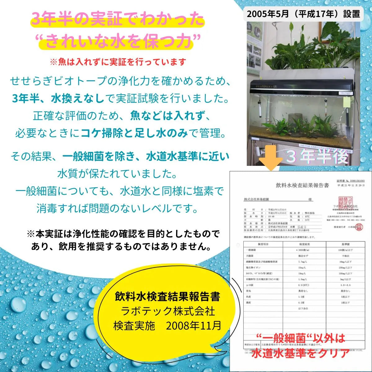 3年半 水換えなしで実施した水質実証と飲料水検査結果報告書